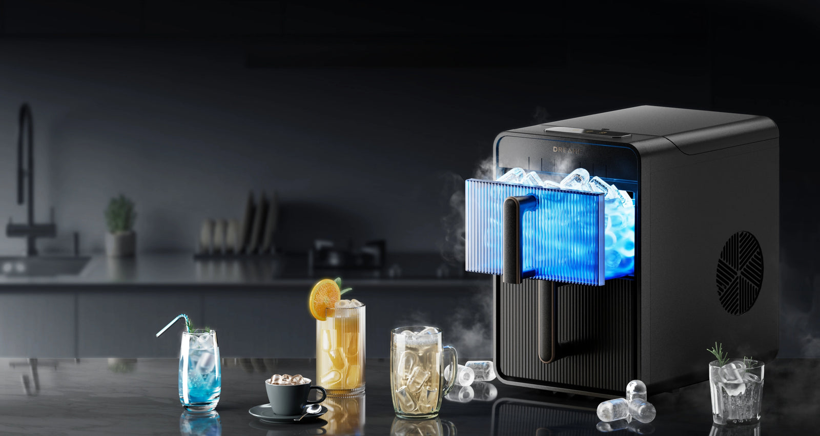 Macchina per ghiaccio a cubetti cavi Aura di Dreame, ghiaccio veloce, piacevole freschezza.
