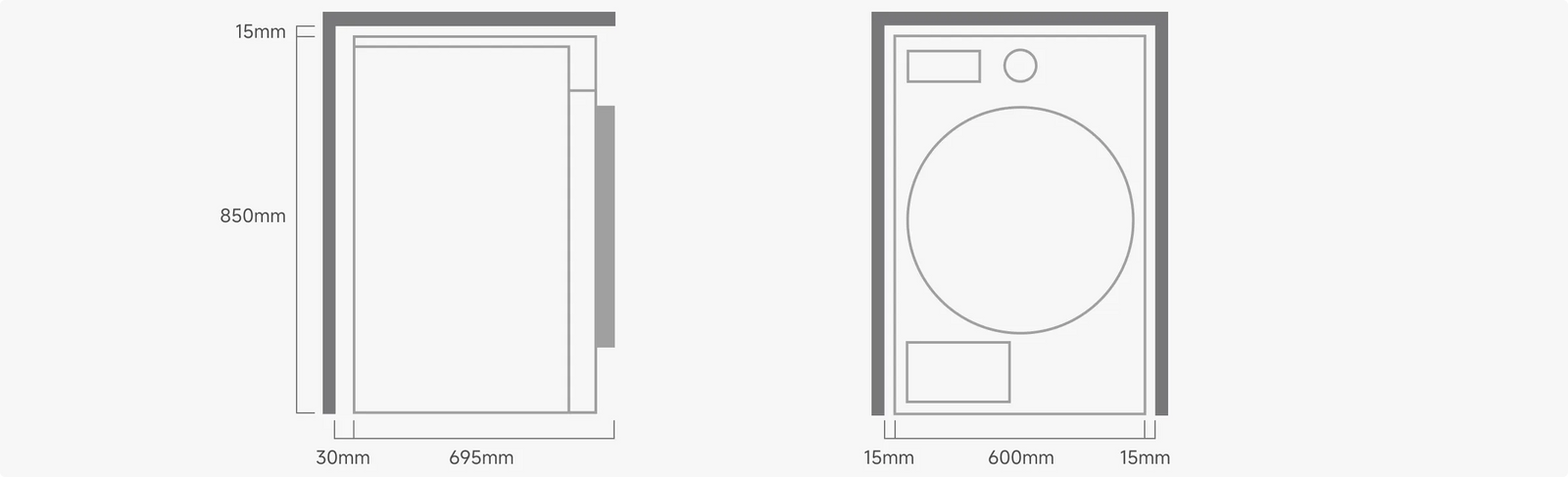 Dreame AI Dual Inverter Dryer L9 dimensioni installazione laterale 850x695mm spazio 30mm frontale 600mm mobile 700mm