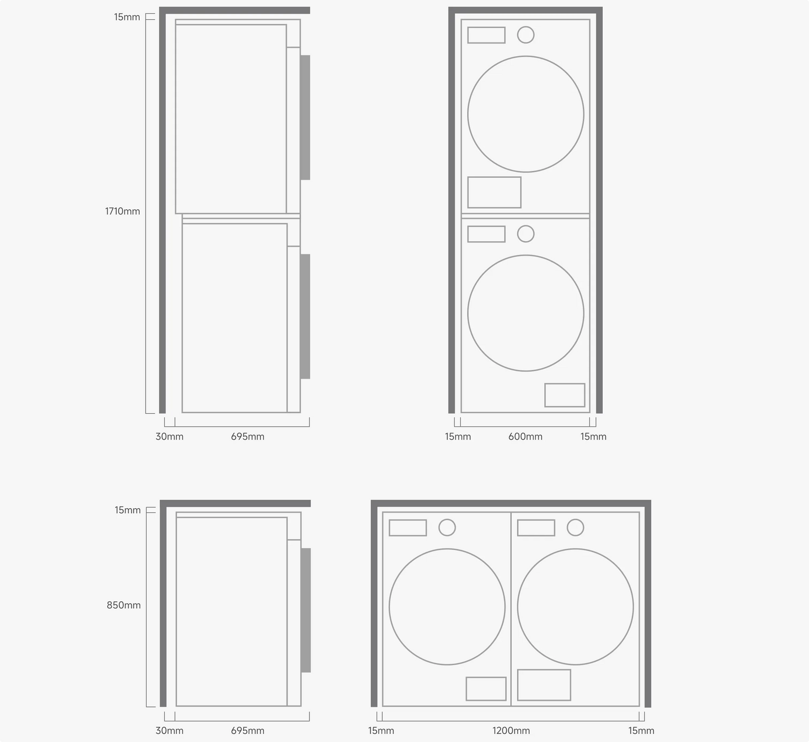 Dreame AI Dual Inverter Dryer L9 set lavatrice asciugatrice dimensioni impilato 1710x600mm affiancato 850x1200mm