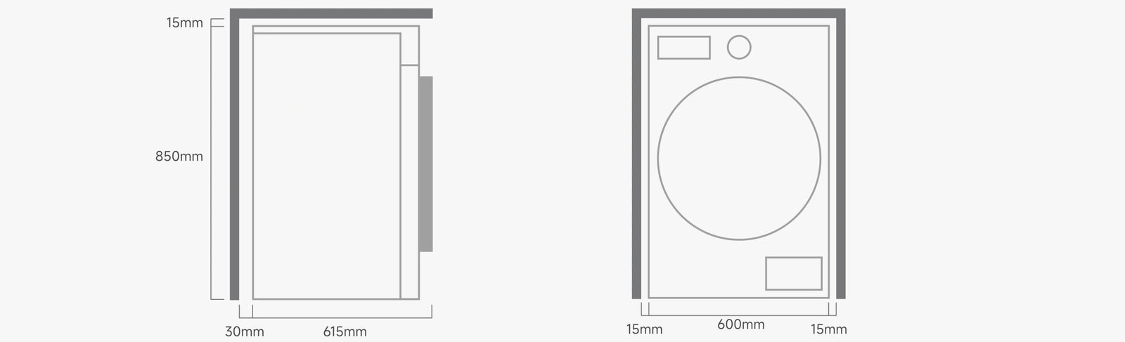 Dreame AI Inverter Washer L9 schema dimensionale vista frontale per pianificazione installazione  