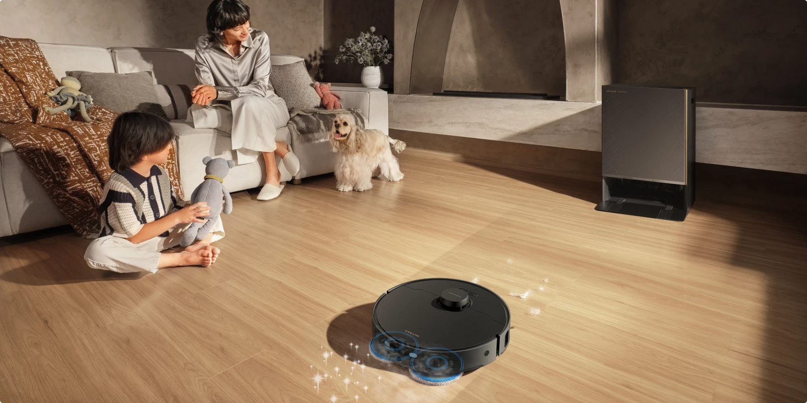 Il robot aspirapolvere Dreame Matrix10 Pro Nero con panno termico pulisce il soggiorno a 40 °C per una freschezza duratura.