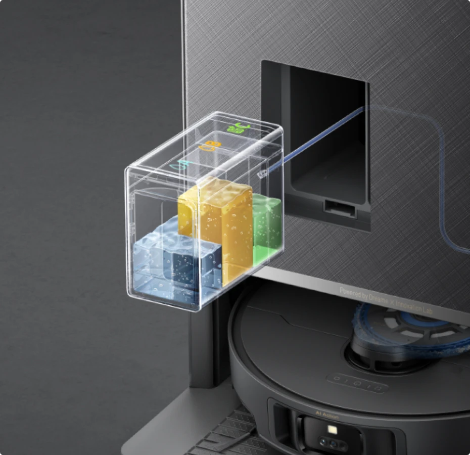 Triplo scomparto del robot aspirapolvere Dreame Matrix10 Pro Nero, soluzioni dedicate per zone animali e pavimenti in legno.