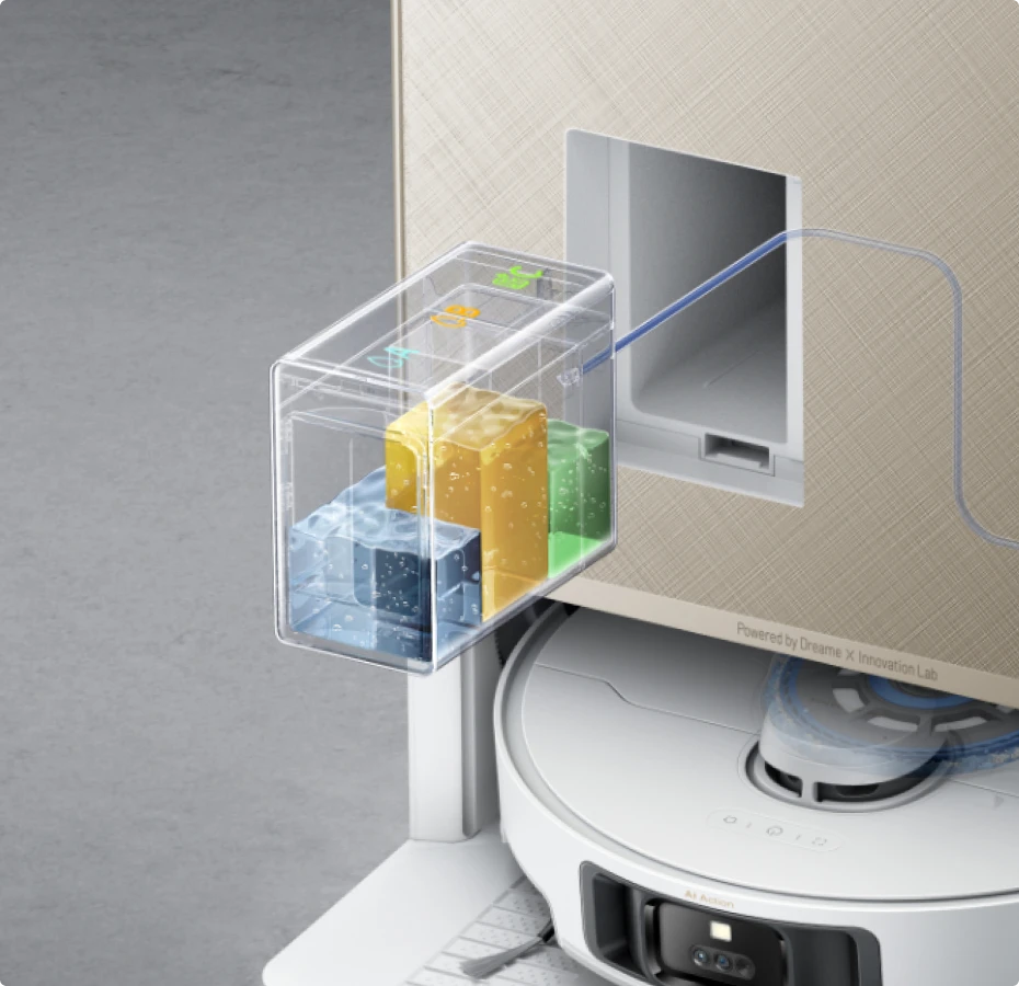 Triplo scomparto del robot aspirapolvere Dreame Matrix10 Pro Bianco, soluzioni dedicate per zone animali e pavimenti in legno.