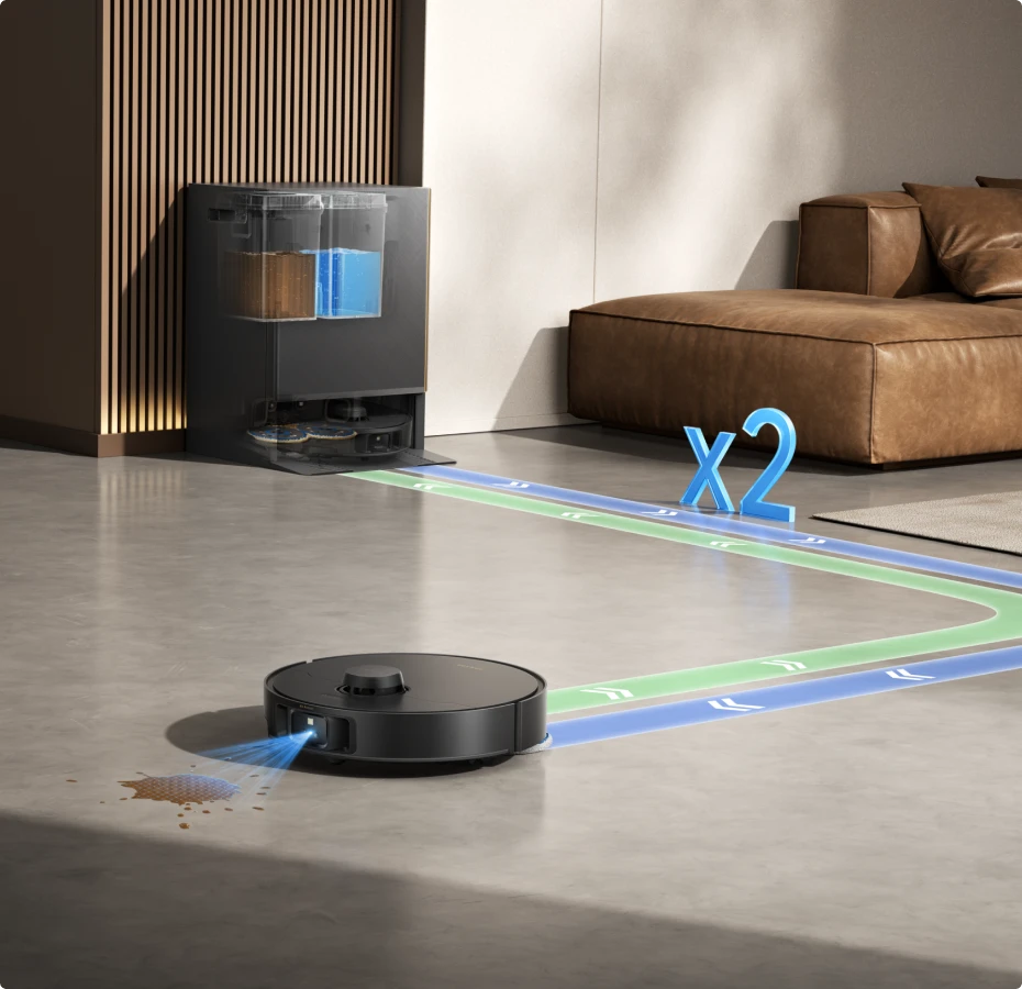 Robot aspirapolvere Dreame Matrix10 Pro con rilevamento intelligente dello sporco, individua macchie ostinate e ripassa automaticamente fino a due volte.