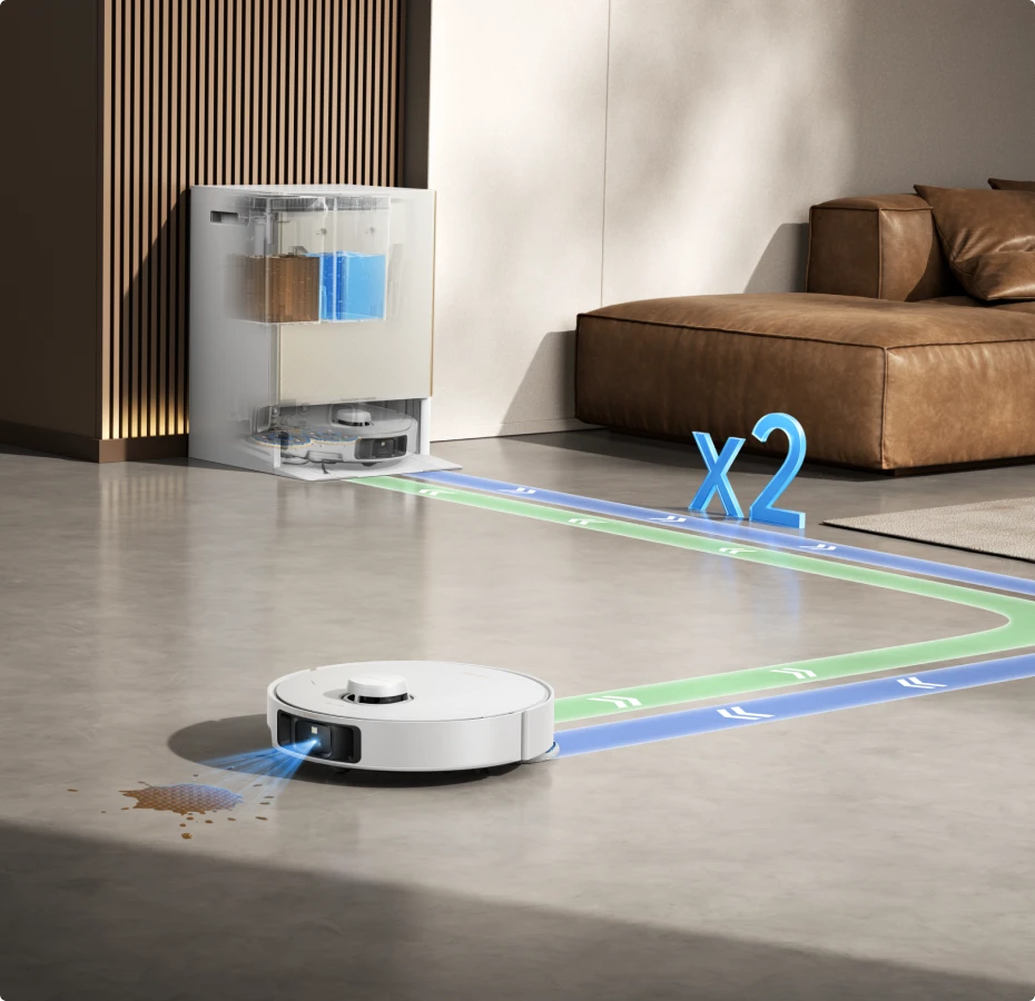 Robot aspirapolvere Dreame Matrix10 Pro con rilevamento intelligente dello sporco, individua macchie ostinate e ripassa automaticamente fino a due volte.
