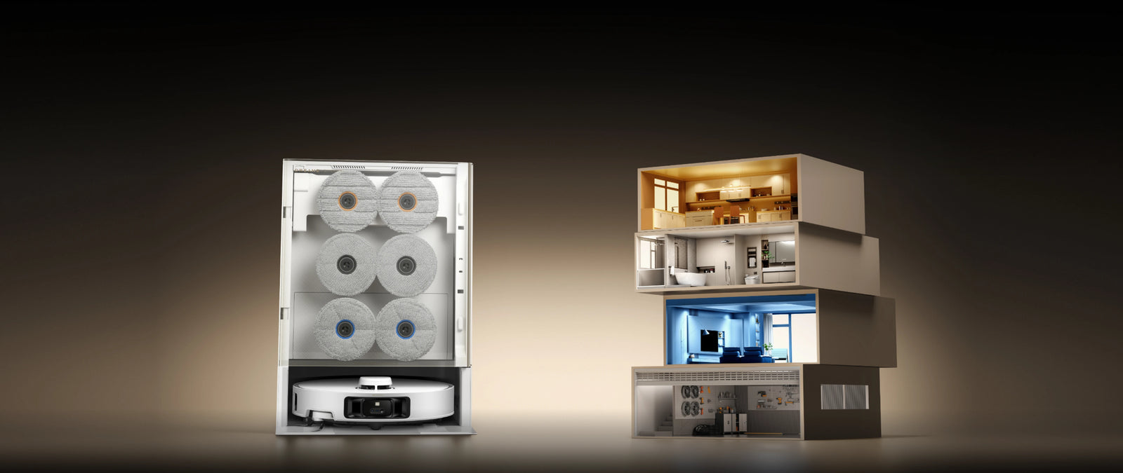 Il robot aspirapolvere Dreame Matrix10 Pro Bianco cambia automaticamente i panni mocio per cucina, bagno e soggiorno.
