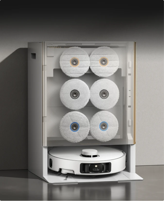 Base di scambio multimocio del robot aspirapolvere Dreame Matrix10 Pro Bianco con sei panni per una pulizia mirata.