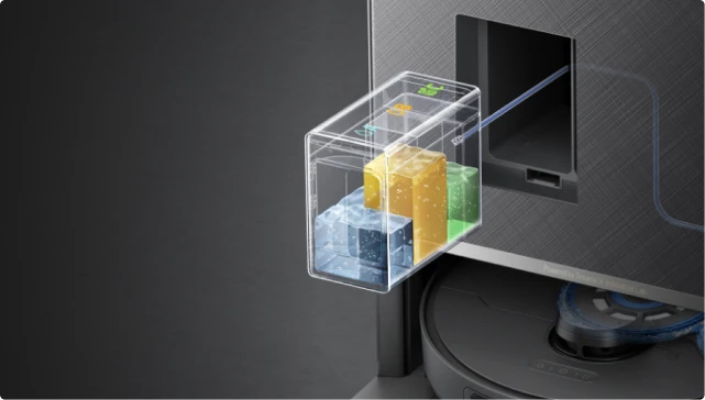 Triplo scomparto detergente del robot aspirapolvere Dreame Matrix10 Pro Nero con tre soluzioni specializzate separate.