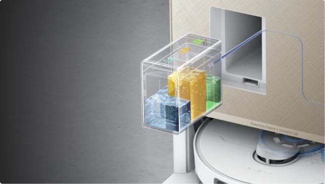 Triplo scomparto detergente del robot aspirapolvere Dreame Matrix10 Pro Bianco con tre soluzioni specializzate separate.