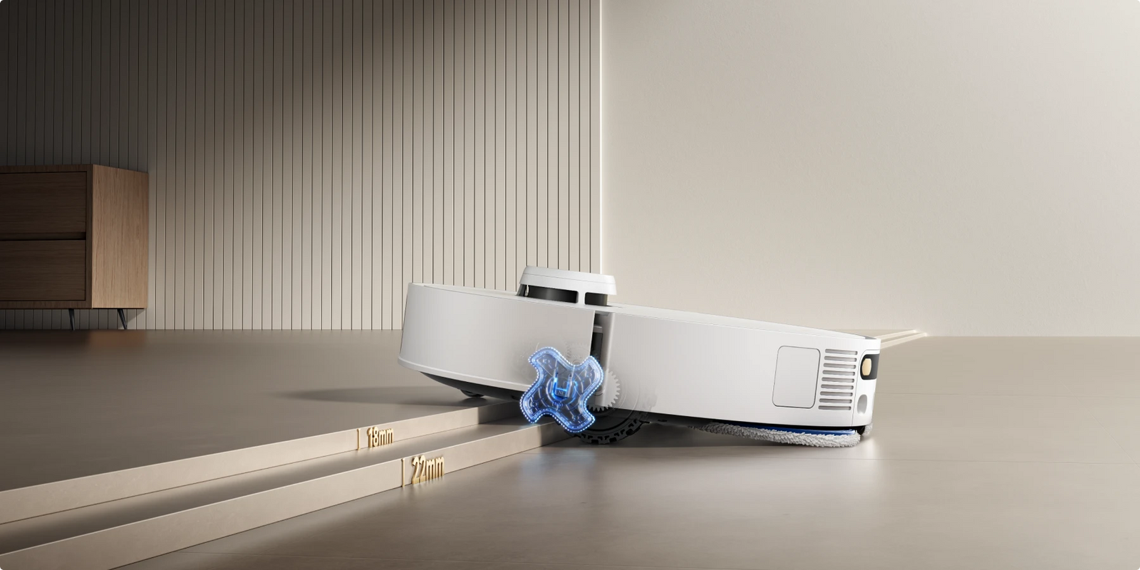 Il robot aspirapolvere Dreame Matrix10 Pro Bianco supera facilmente le soglie a doppio livello fino a 40 mm senza interrompere la pulizia.