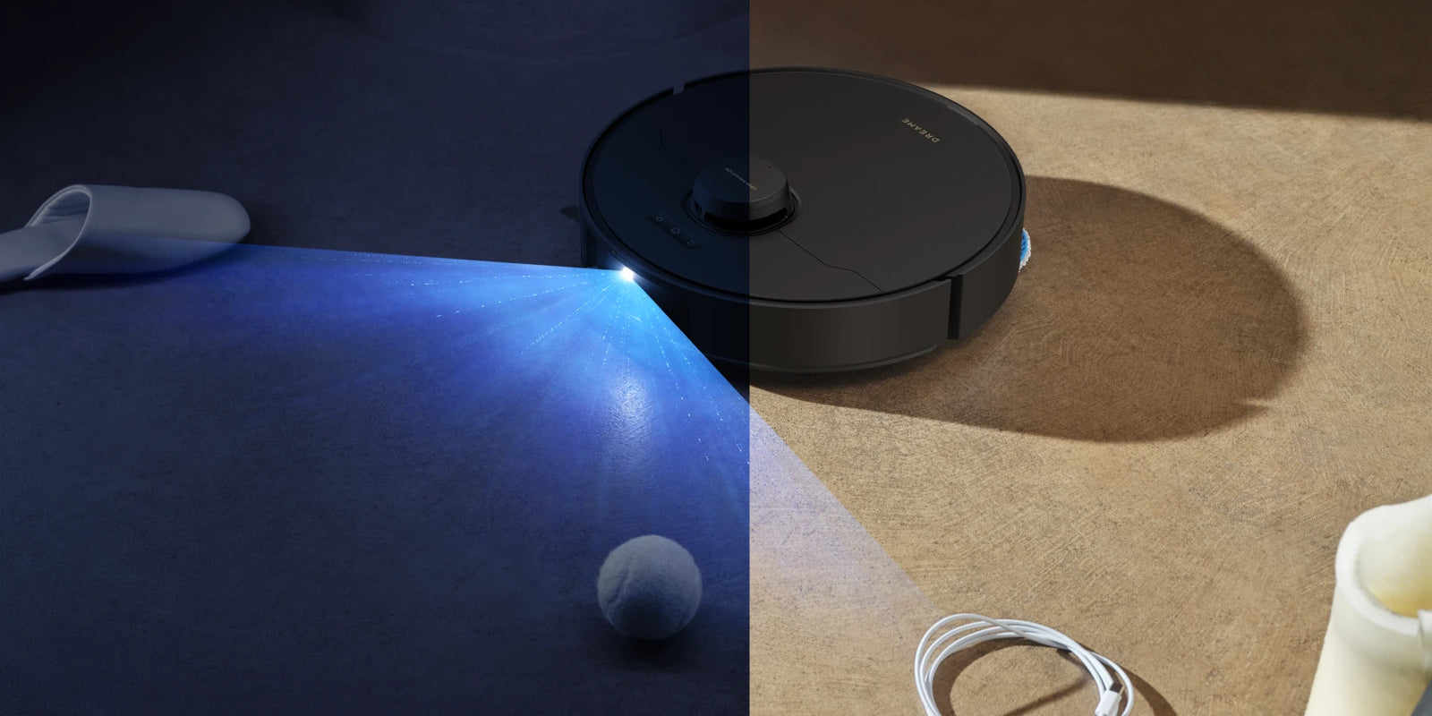 Robot aspirapolvere Dreame Matrix10 Pro, telecamera IA RGB individua ostacoli al buio, LED integrati illuminano il percorso.