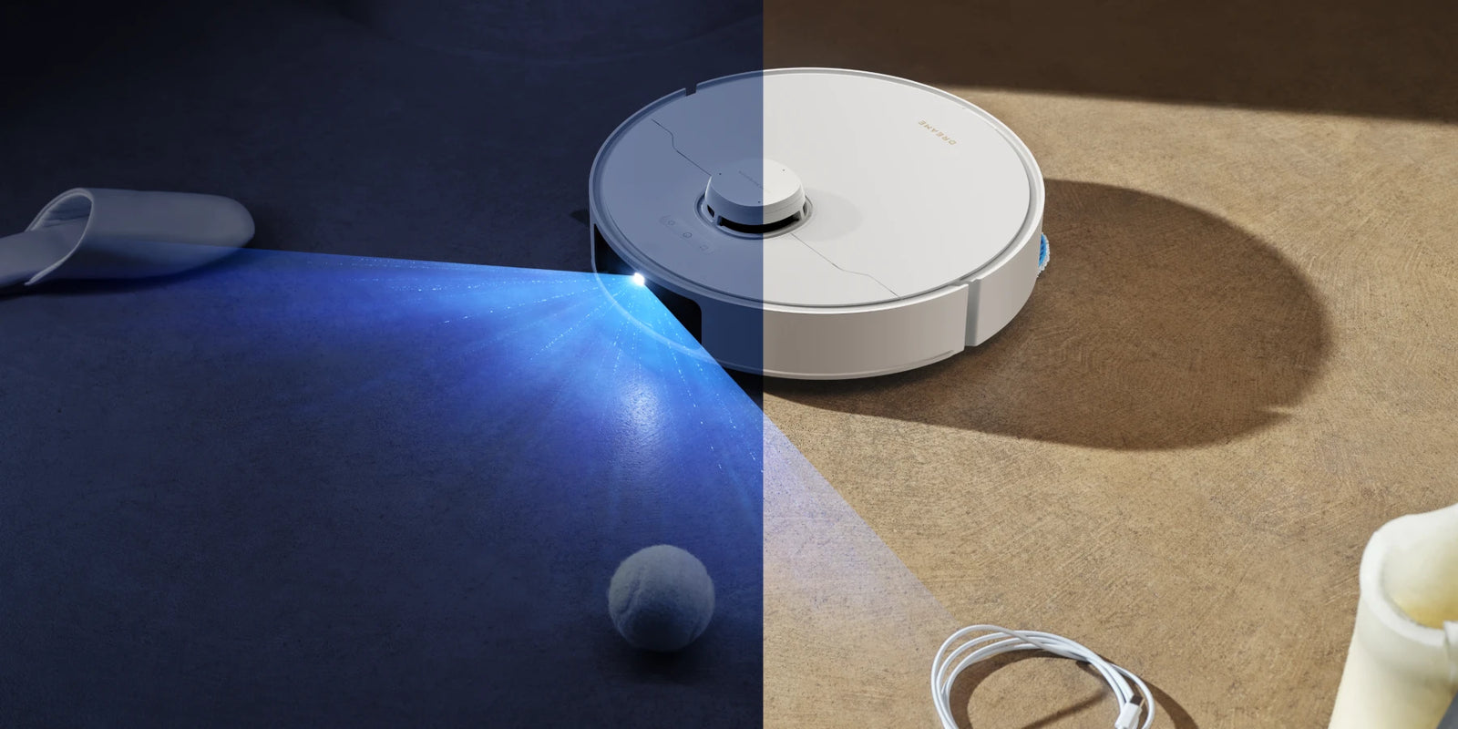 Robot aspirapolvere Dreame Matrix10 Pro, telecamera IA RGB individua ostacoli al buio, LED integrati illuminano il percorso.