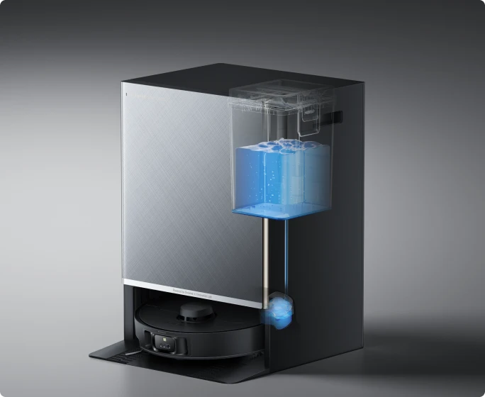 Robot aspirapolvere Dreame Matrix10 Pro con riempimento automatico del serbatoio d'acqua, contenitore da 80 ml per sessioni di lavaggio senza interruzioni.