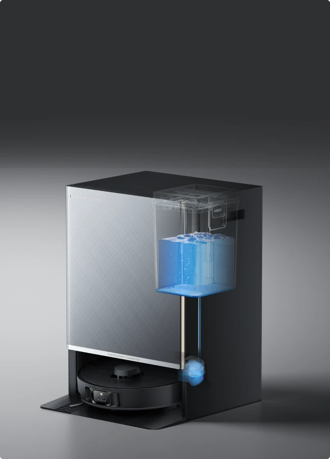 Robot aspirapolvere Dreame Matrix10 Pro con riempimento automatico del serbatoio d'acqua, contenitore da 80 ml per sessioni di lavaggio senza interruzioni.
