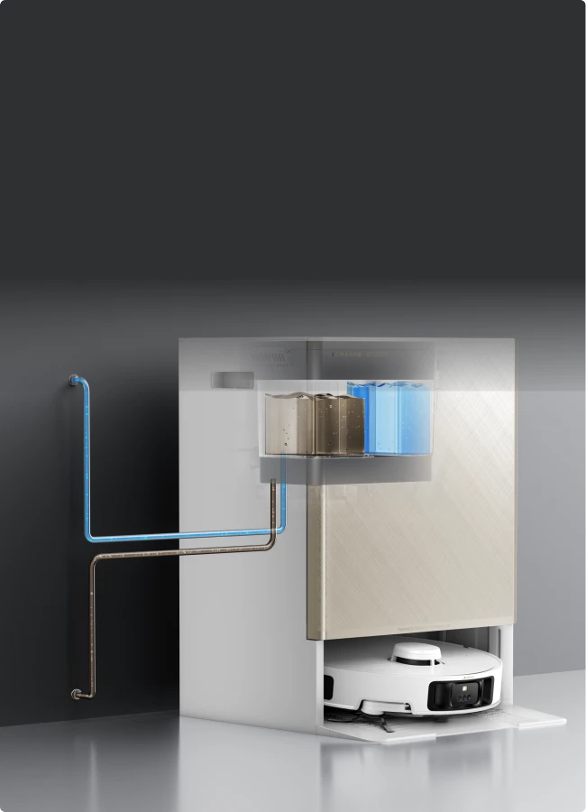 Robot aspirapolvere Dreame Matrix10 Pro con collegamento idrico automatico opzionale, niente più riempimento o svuotamento manuale dei serbatoi.