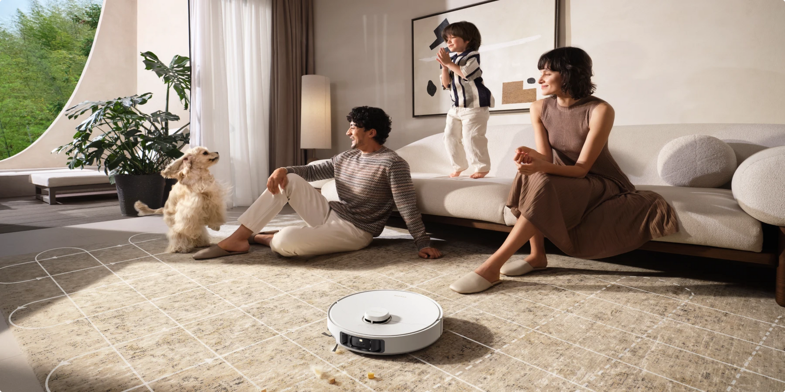 Il robot aspirapolvere Dreame Matrix10 Pro Bianco pulisce i tappeti con aspirazione potenziata e passa senza interruzione da pavimento a tappeto.