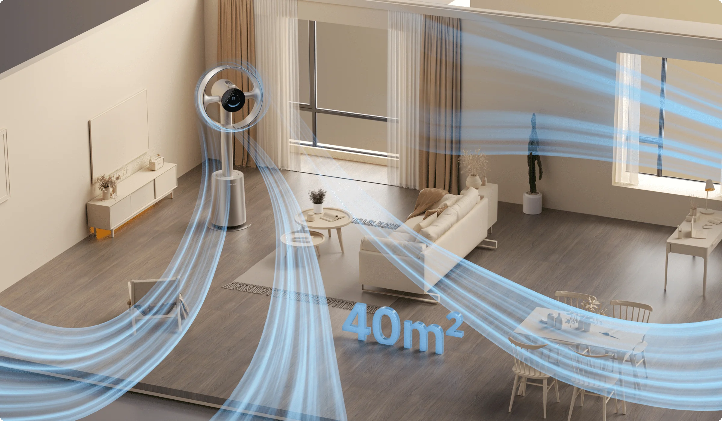 Il campo d'aria 3D surround del Dreame MF10 Ventilatore senza pale rinfresca completamente una stanza di 40 m² in soli 4 minuti.