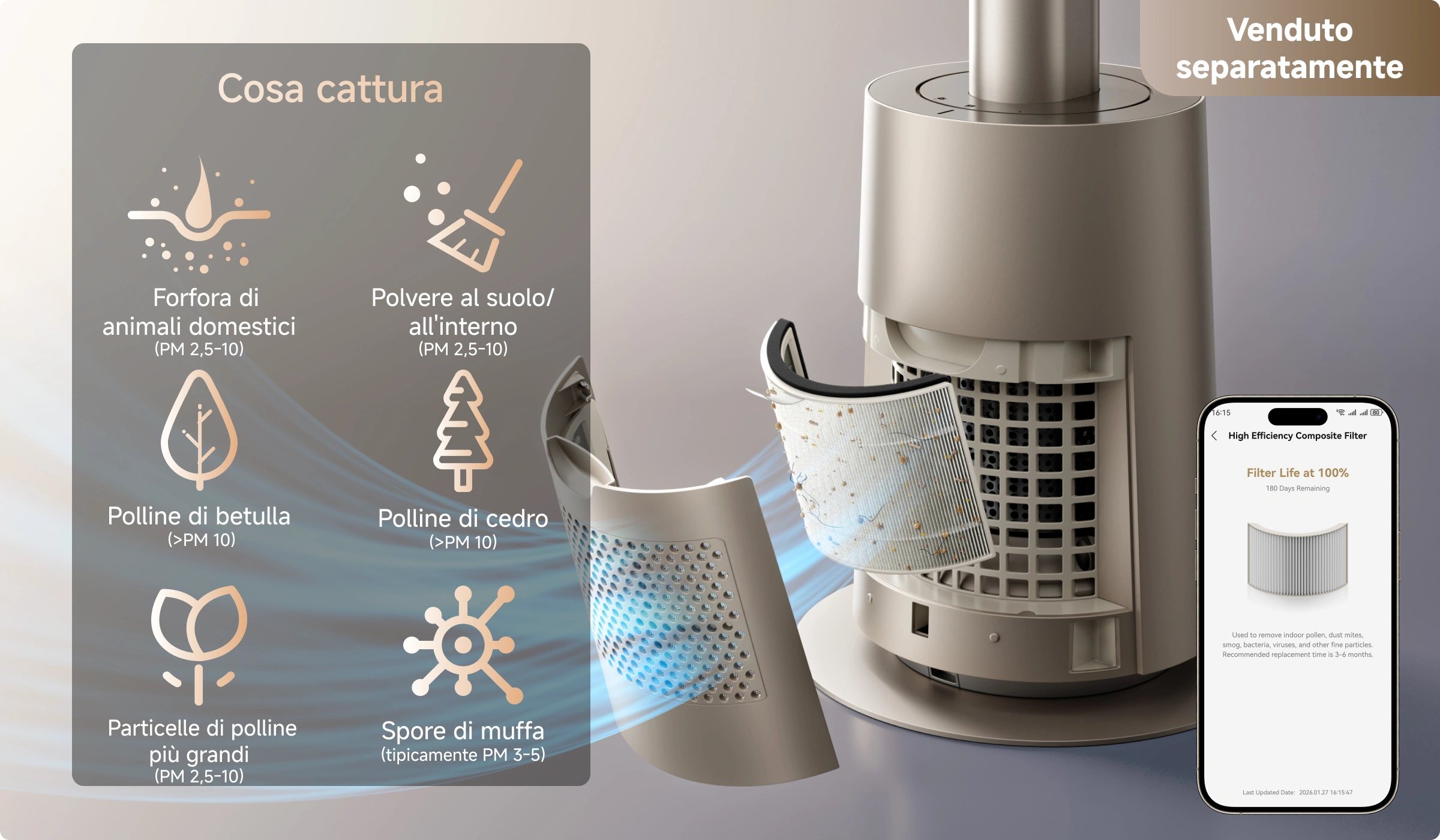Il filtro opzionale del Dreame MF10 Ventilatore senza pale cattura forfora animale, polline di betulla, spore di muffa e polvere per una qualità dell'aria notevolmente migliorata.
