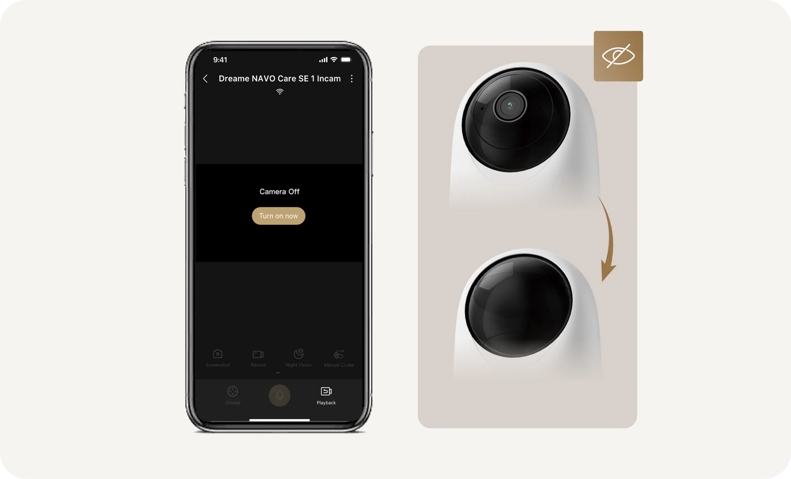 Schermata app Dreame con pulsante Videocamera spenta per attivare la modalità privacy fisica della Dreame NAVO Care SE 1 InCam