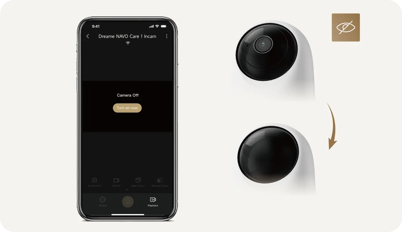 Dreame-App su smartphone con schermata di controllo della modalità privacy fisica della Dreame NAVO Care 1 InCam