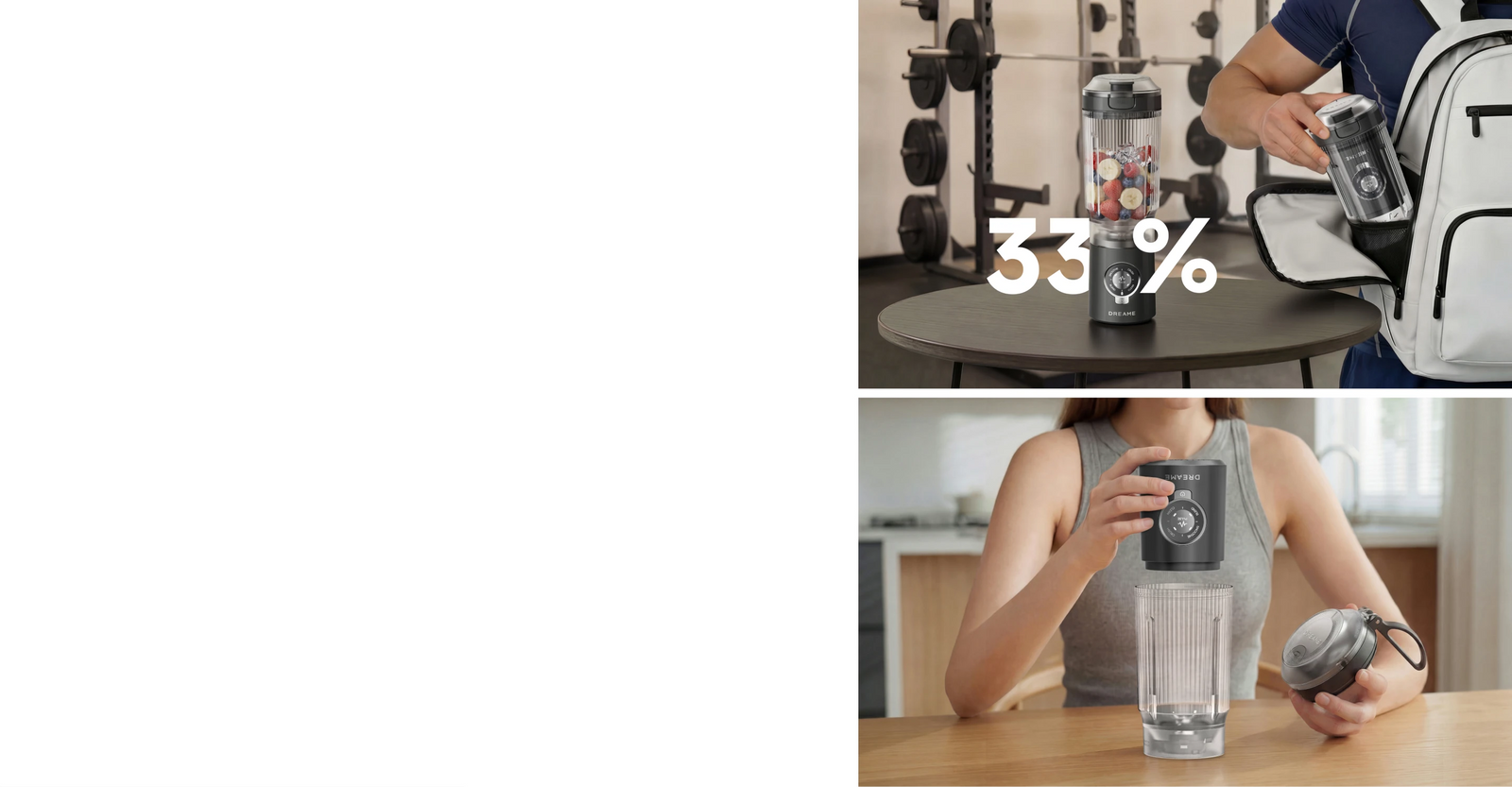 Utente che ripone la base motore di Dreame Portable Blender all'interno del bicchiere per ottimizzare lo spazio