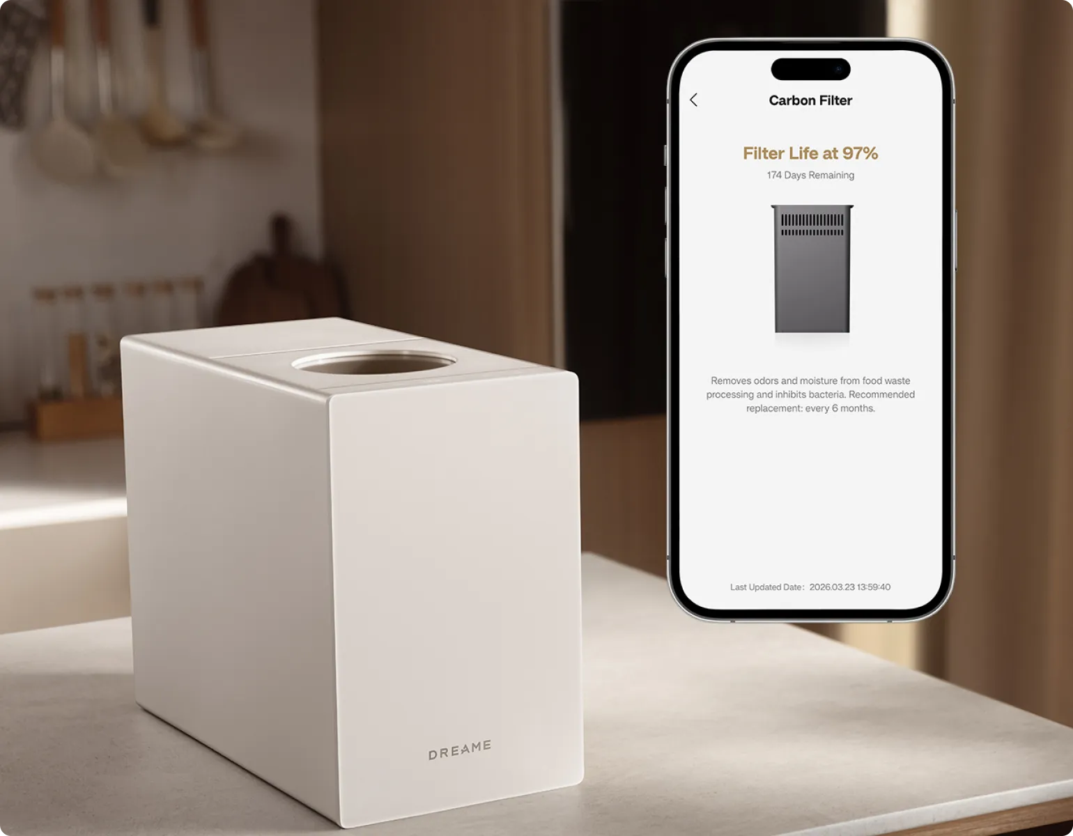 Il Dreame SF25 WiFi mostra in tempo reale la vita residua del filtro a carboni attivi e invia promemoria automatici di sostituzione.