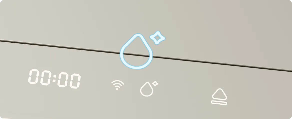 Il pannello di controllo illuminato del Dreame SF25 WiFi mostra la modalità pulizia attiva con display timer e icone touch.