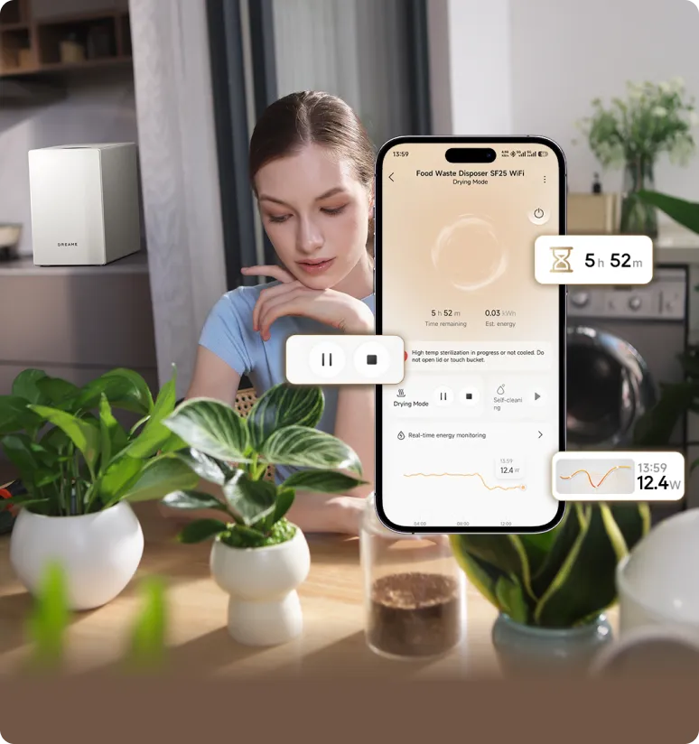 Dreame SF25 WiFi Tritarifiuti controllato da remoto tramite app Dreamehome – stato del dispositivo, timer e dati energetici sempre a portata di mano