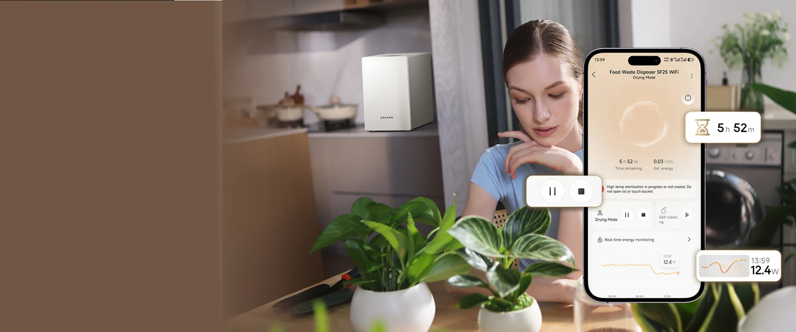 Tramite il monitoraggio remoto dell'app Dreame SF25 WiFi puoi avviare e fermare il dispositivo da qualsiasi luogo.