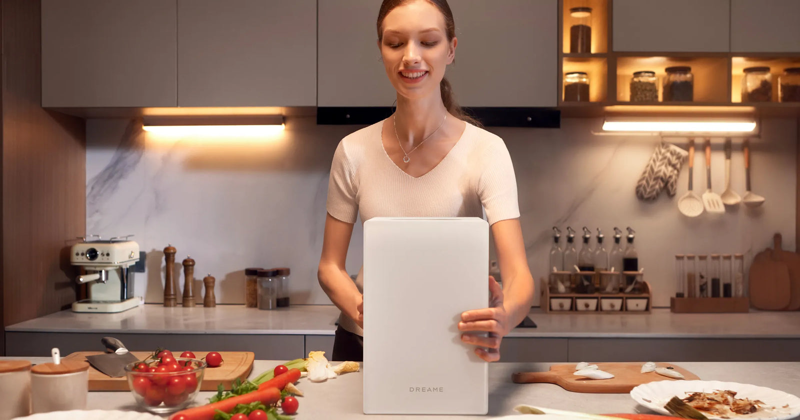 Una donna estrae il Dreame SF25 WiFi dalla scatola: dal disimballaggio all'utilizzo, l'installazione richiede solo un minuto.